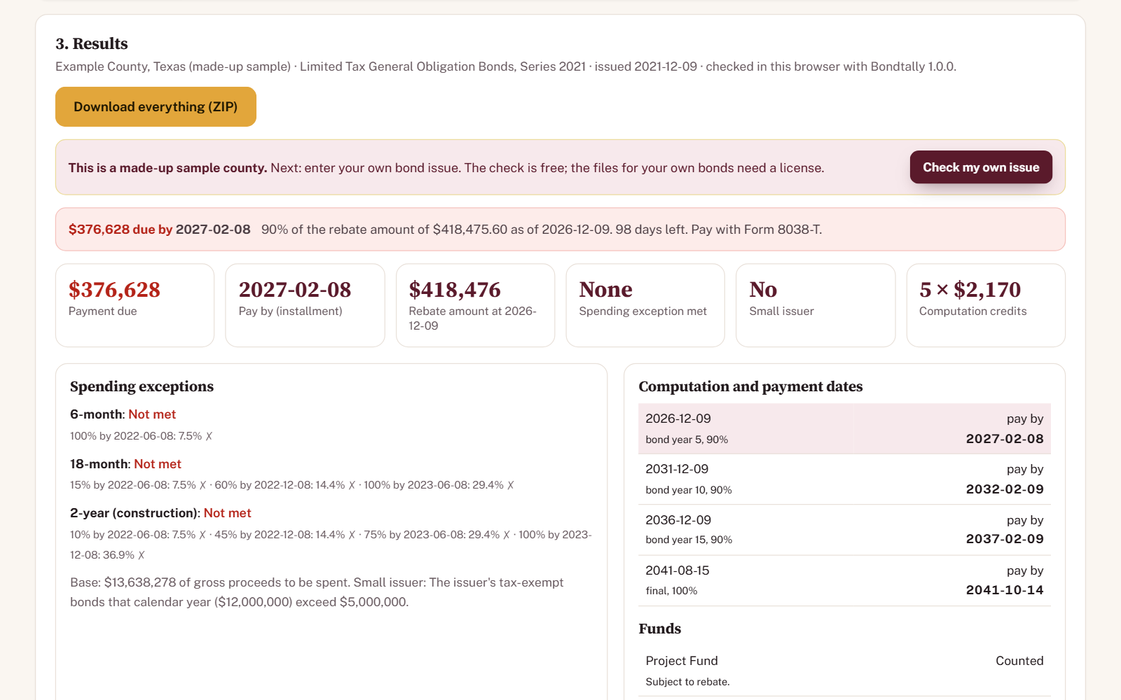 Results for the sample: $376,628 due by 2027-02-08, no spending exception met, rebate amount $418,476.